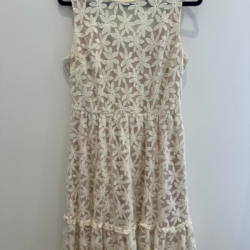 Luxology Ivory/Beige Floral Lace Round Neck Sleeveless Lined Zip Dress - 12